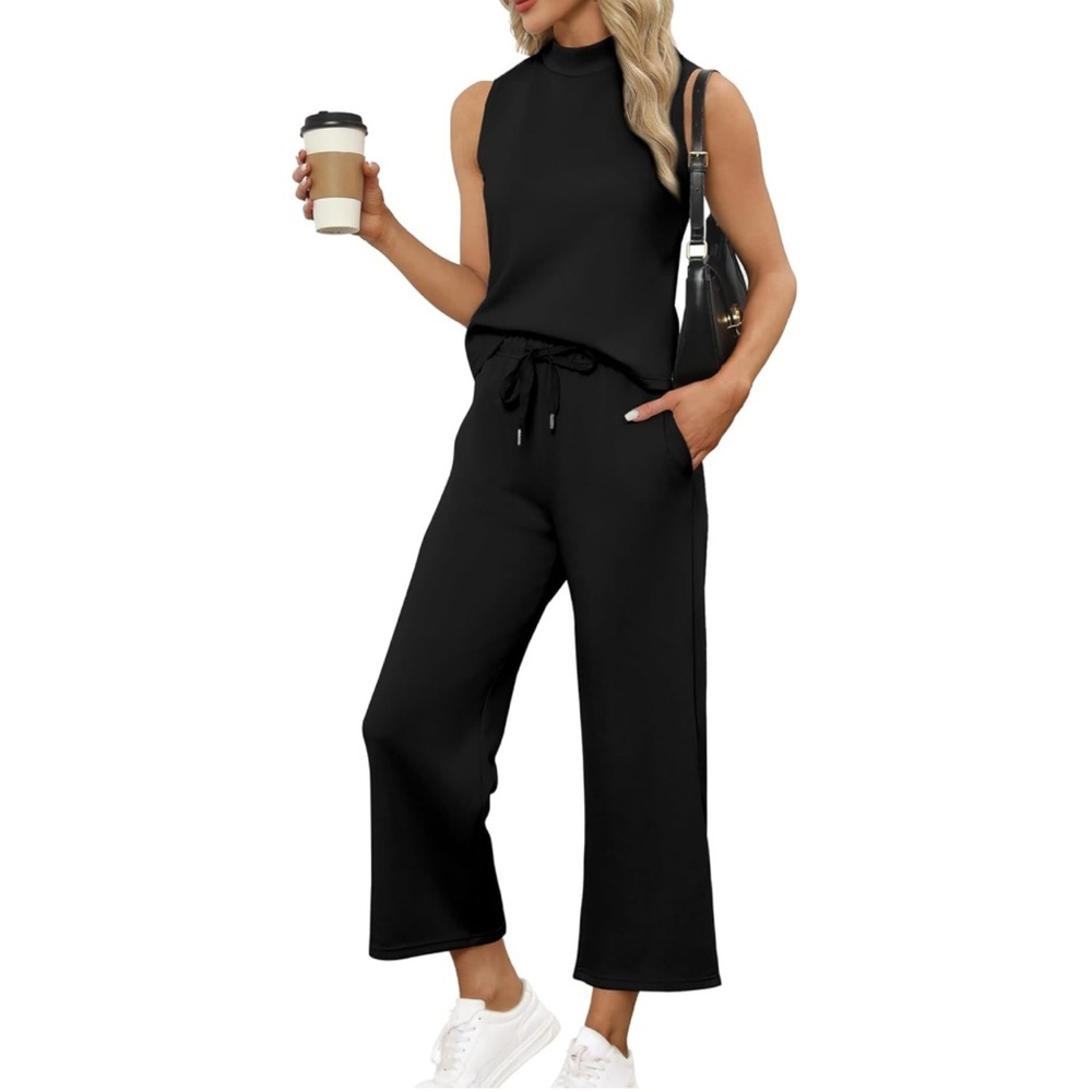 Black Two Piece Lounge Set Women’s Medium Sleeveless Tank Shirt and Pants - Picture 3 of 15